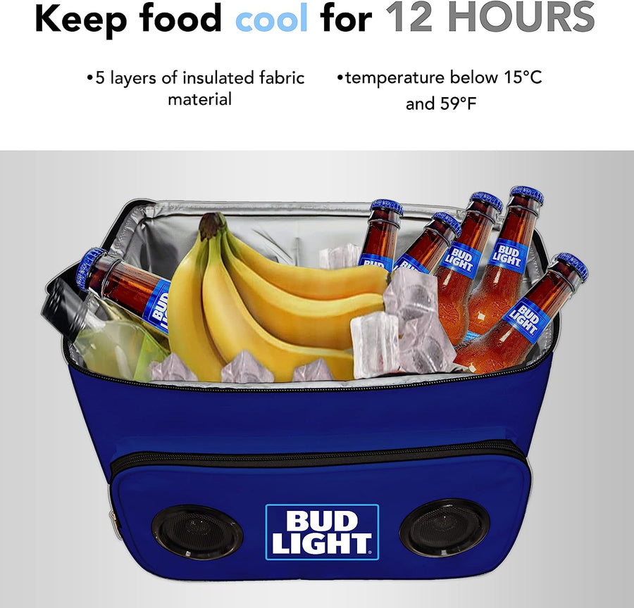 Bud Light Insulated Soft Cooler Bag with Built-In Bluetooth Speakers
