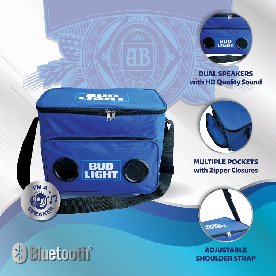 Bud Light Insulated Soft Cooler Bag with Built-In Bluetooth Speakers