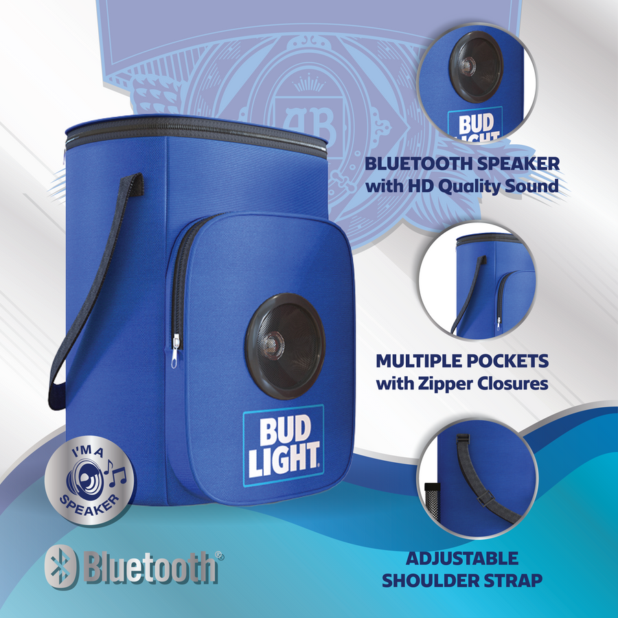 Bud Light Soft Cooler Bag with Built-in Rechargeable Wireless Bluetooth Speakers Foldable Small and Portable Durable and Material Compatible for Smartphones, Tablets & MP3 Players