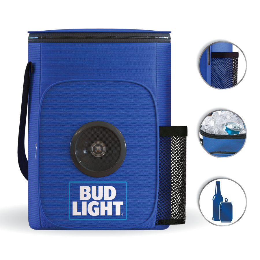 Bud Light Soft Cooler Bag with Built-in Rechargeable Wireless Bluetooth Speakers Foldable Small and Portable Durable and Material Compatible for Smartphones, Tablets & MP3 Players