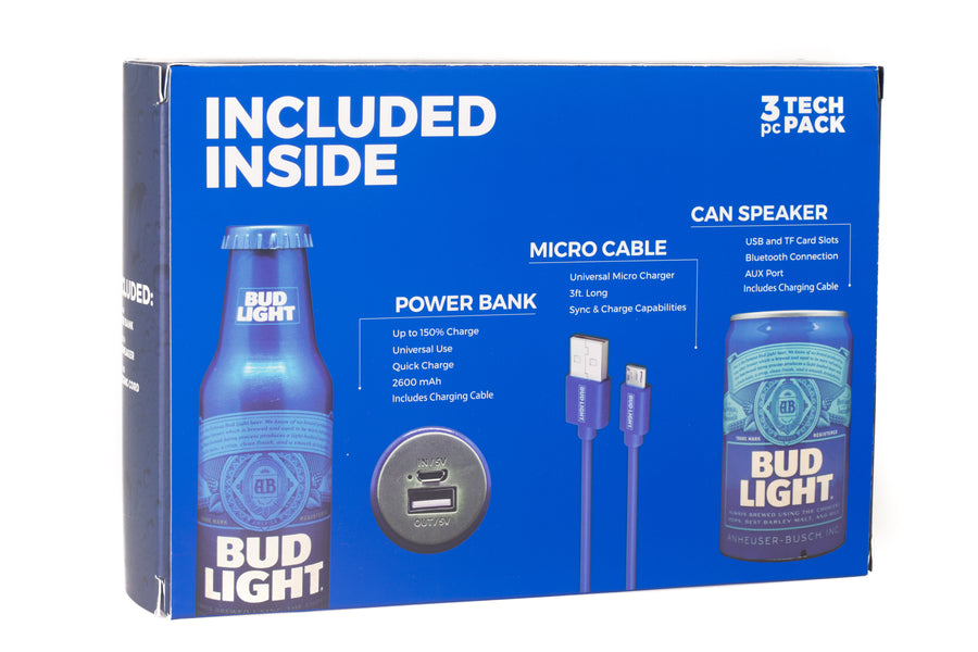 Bud Light 3 Peice Gift Set- Can Speaker, Bottle Power Bank, Micro USB Cable