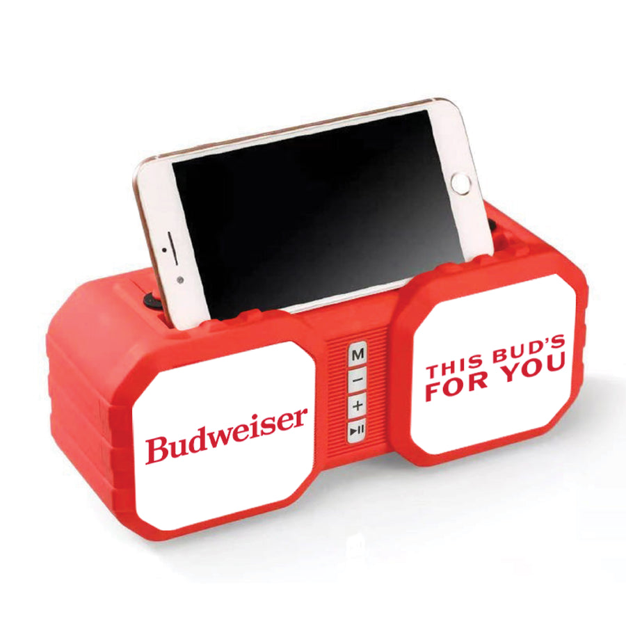Budweiser Rugged Bluetooth Speaker with Phone Holder - Water Resistant - Phone Holder - Micro SD Card Reader - FM Radio - Carrying Handle - Bluetooth Speaker