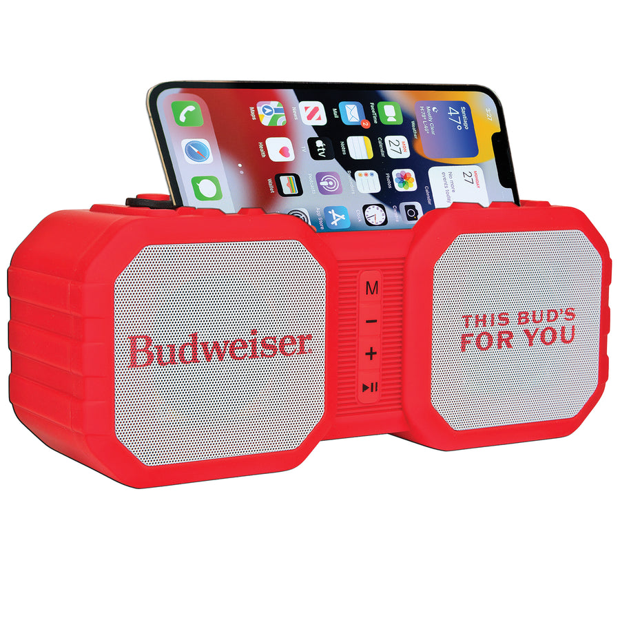 Budweiser Rugged Bluetooth Speaker with Phone Holder - Water Resistant - Phone Holder - Micro SD Card Reader - FM Radio - Carrying Handle - Bluetooth Speaker