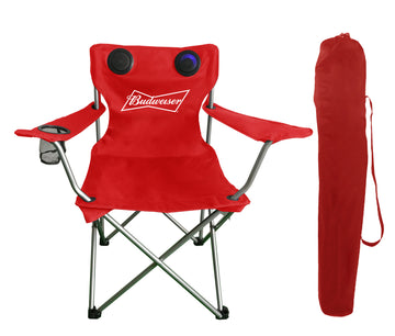 Budweiser Foldable Tailgate Chair with Bluetooth Speakers, Beach/Tailgate/Picnic/Camping Chair with Cup Holder and Carry Case (Red)