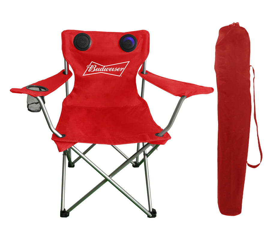 Budweiser Foldable Tailgate Chair with Bluetooth Speakers, Beach/Tailgate/Picnic/Camping Chair with Cup Holder and Carry Case (Red)