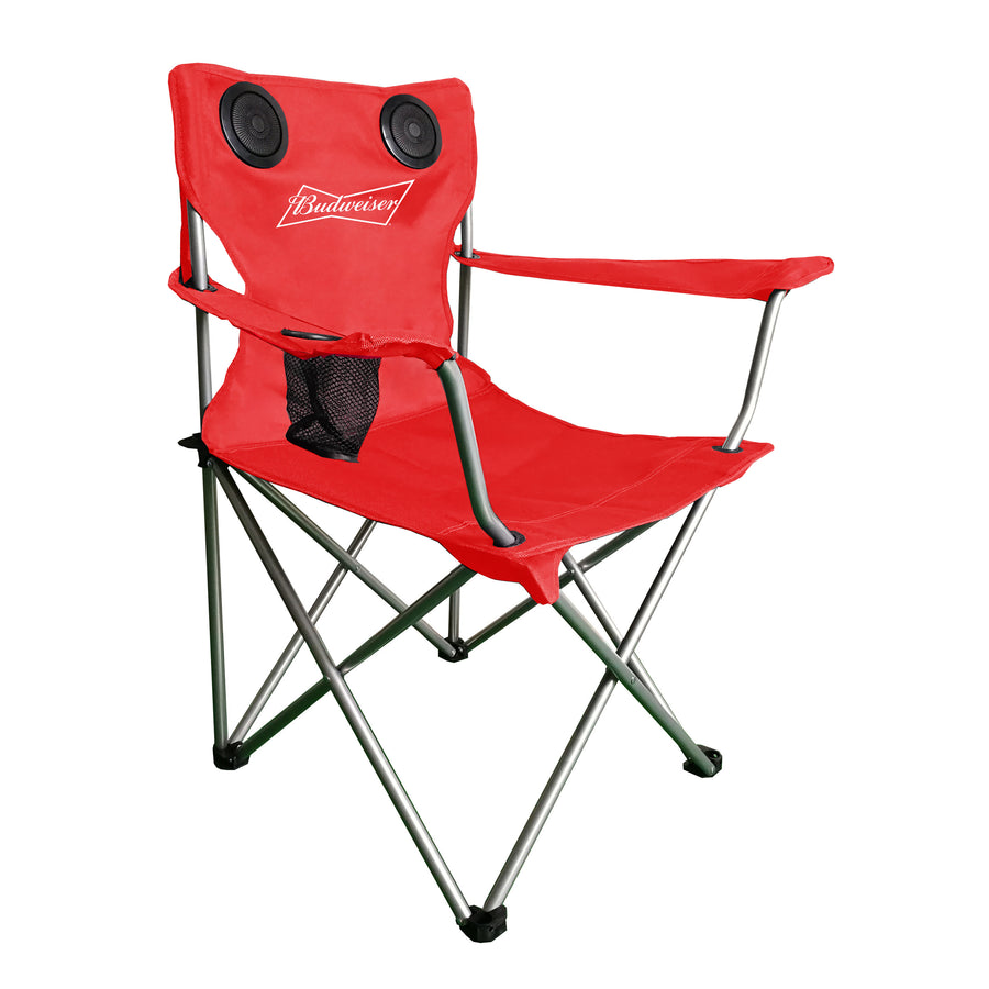 Budweiser Foldable Tailgate Chair with Bluetooth Speakers, Beach/Tailgate/Picnic/Camping Chair with Cup Holder and Carry Case (Red)