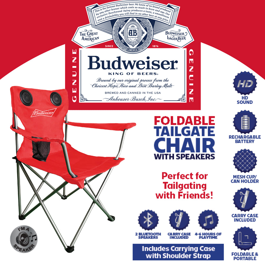 Budweiser Foldable Tailgate Chair with Bluetooth Speakers, Beach/Tailgate/Picnic/Camping Chair with Cup Holder and Carry Case (Red)