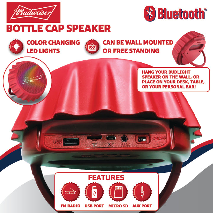 Bud Light Bluetooth Bottle Cap Speaker with Color Changing Lights - Wall Mounting Speaker - Kick Stand Speaker - FM Radio -