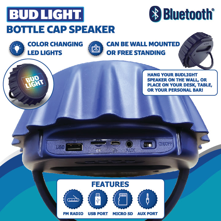 Bud Light Bluetooth Bottle Cap Speaker with Color Changing Lights - Wall Mounting Speaker - Kick Stand Speaker - FM Radio -